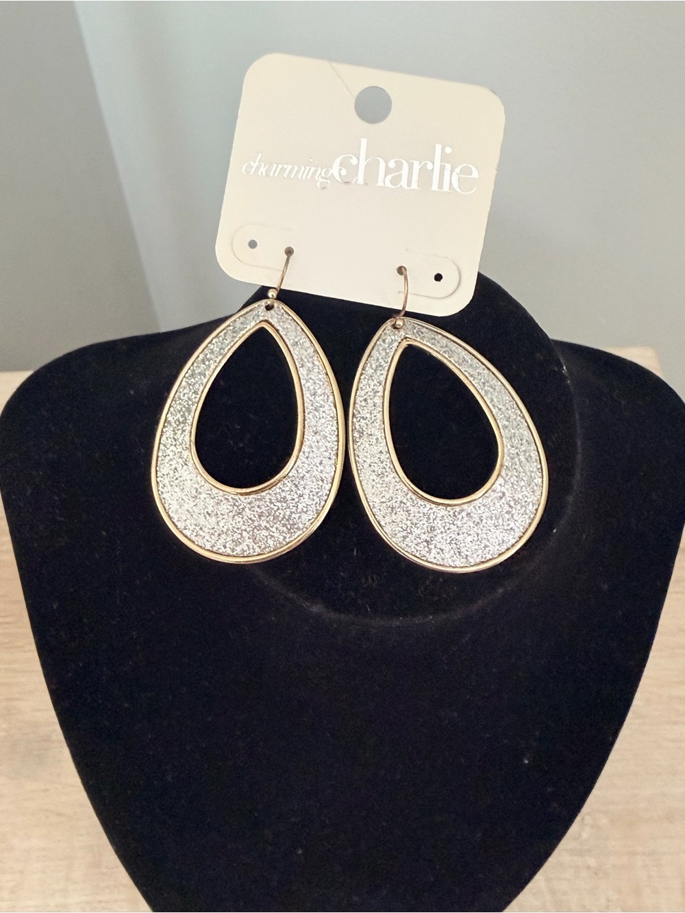 Gold-Trim Silver Glitter Teardrop Earrings